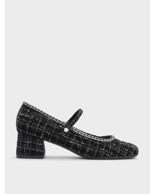 Charles & Keith Black Tweed Braided-Chain Block-Heel Mary Jane Pumps