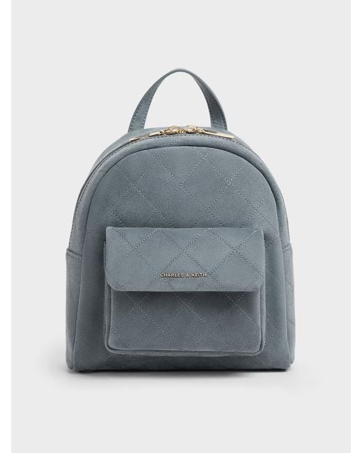 Charles & Keith Blue Alva Quilted Front-pocket Backpack