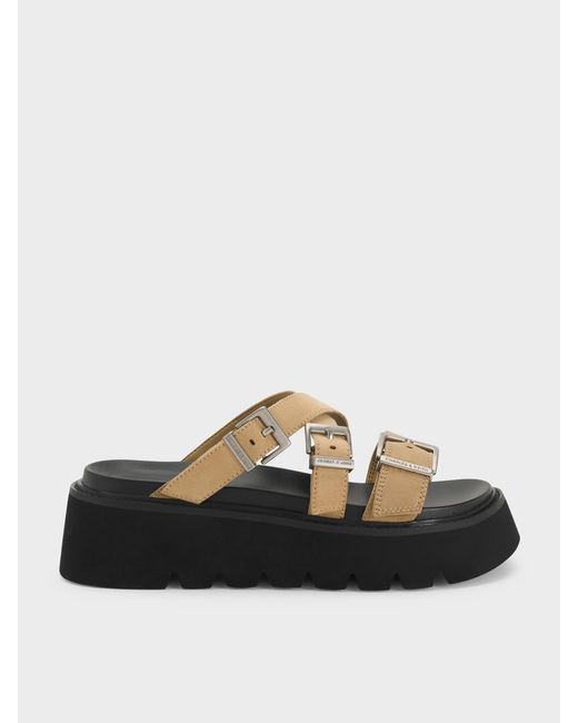 Charles & Keith Black Laine Faux Suede Buckled Flatform Sandals