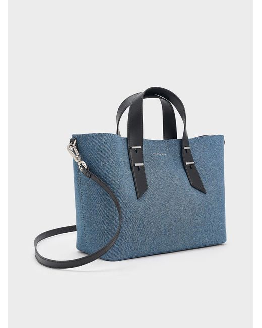 Charles & Keith Blue Denim Metallic-accent Double Handle Bag