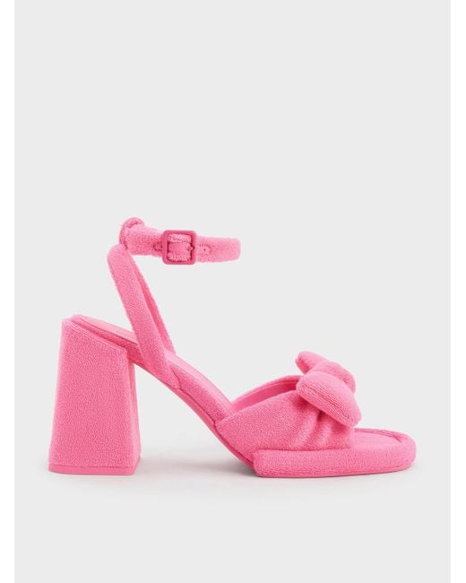 Charles & Keith Pink Loey Textured Bow Ankle-strap Sandals
