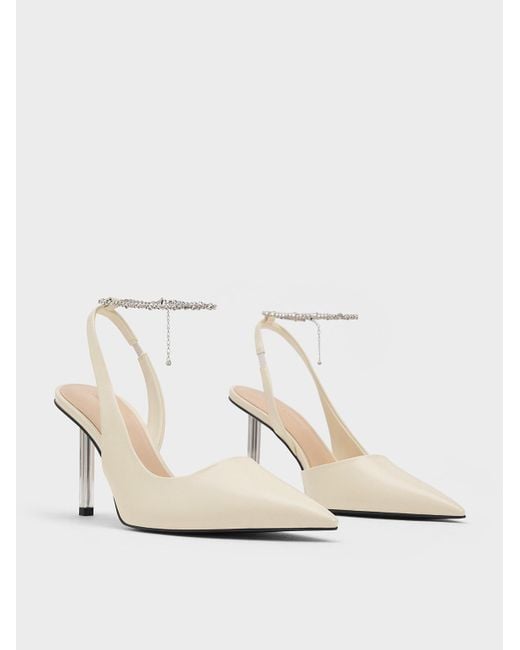 Charles & Keith White Crystal-chain Ankle-strap D'orsay Pumps