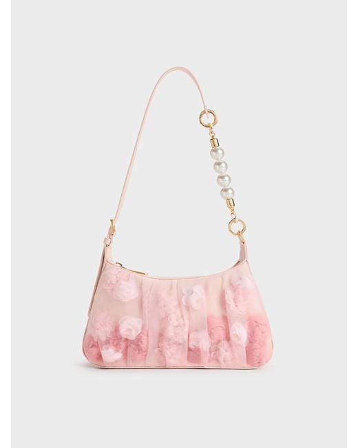 Charles & Keith Pink Gift Set: Floral-Mesh Pearl-Strap Shoulder Bag