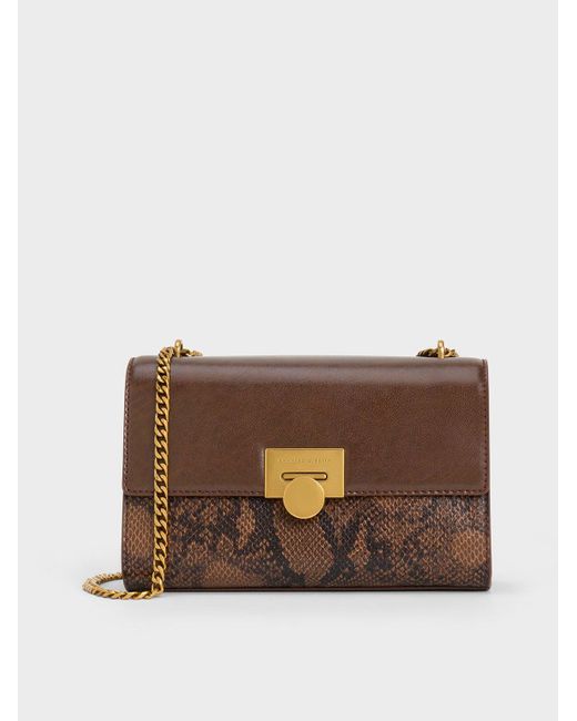 Charles & Keith Brown Ebba Snake Print Chain-strap Bag