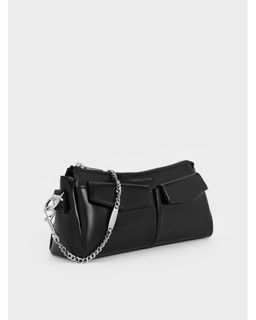 Charles & Keith Black Rachel Elongated Front-Pocket Chain-Handle Bag