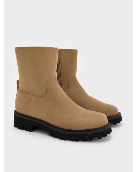 Charles & Keith Brown Devan Faux Suede Side-Zip Ridged-Sole Calf Boots