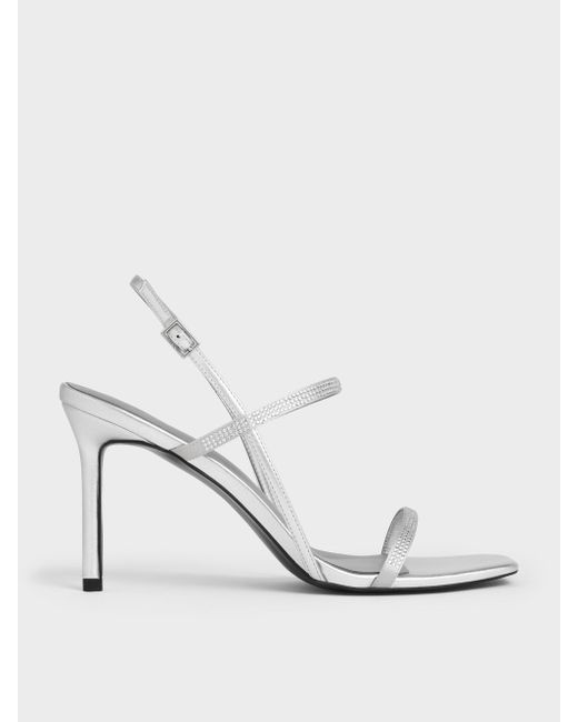 Charles & Keith White Arona Metallic Crystal-Embellished Stiletto-Heel Sandals