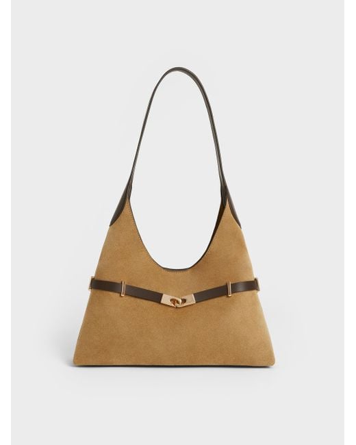 Charles & Keith Natural Arlet Recycled Suede Metallic-Accent Belted Hobo Bag