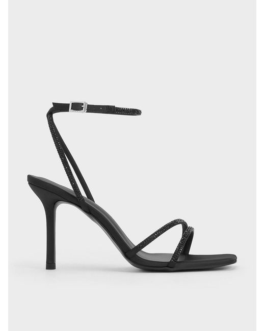 Charles & Keith White Satin Crystal Stiletto Sandals