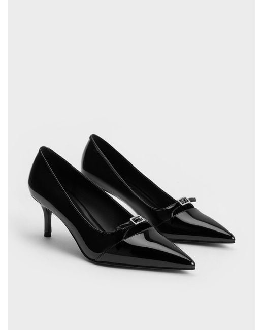 Charles & Keith Black Patent Buckle-strap Pointed-toe Pumps