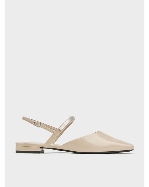 Charles & Keith White Patent Metallic-bar Slingback Flats
