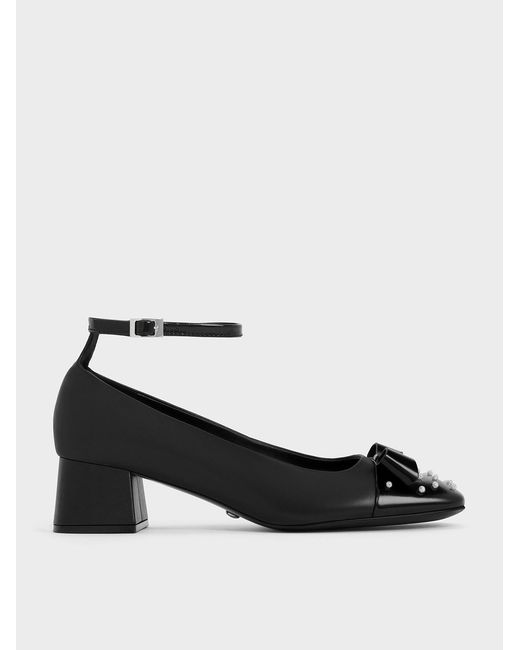 Charles & Keith Black Pearl-embellished Leather Bow Ankle-strap Pumps