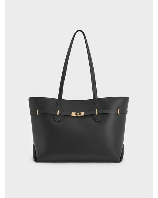 Charles & Keith Black Arlet Double-Handle Belted Tote Bag