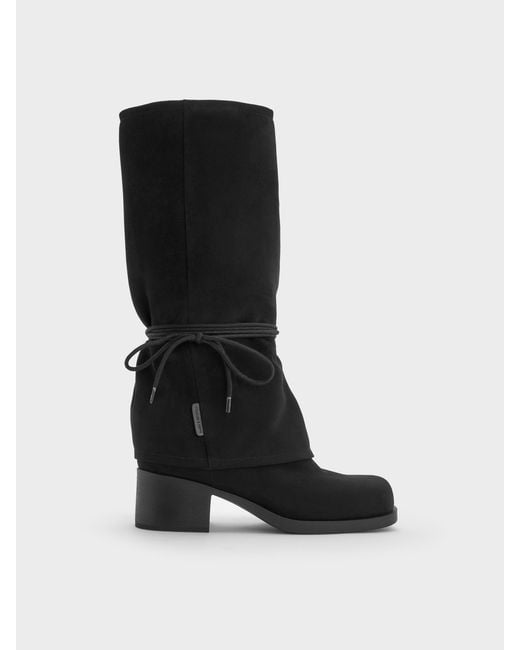 Charles & Keith Black Faux Suede Tie-Around Knee-High Boots