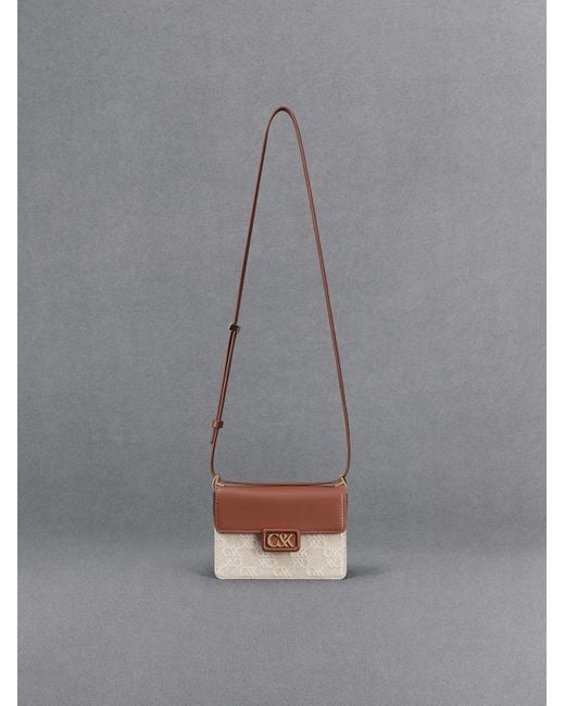 Charles & Keith Gray Leather & Canvas Two-tone Boxy Bag