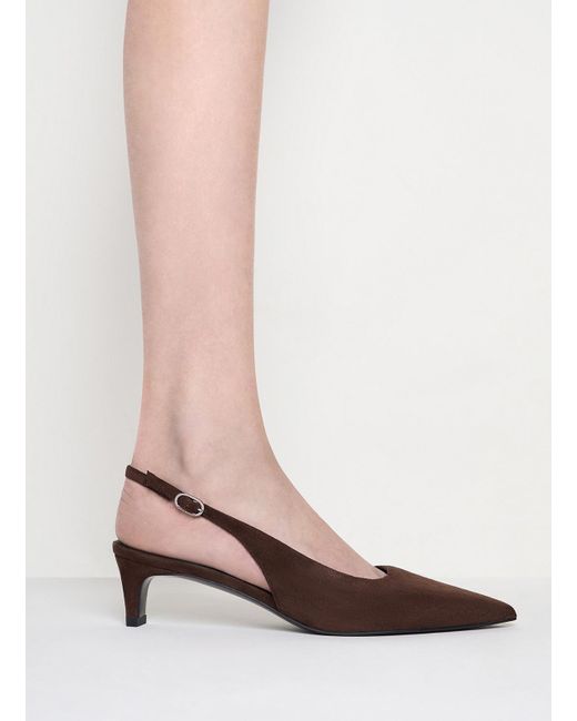 Charles & Keith Brown Faux Suede Pointed-Toe Kitten-Heel Slingback Pumps