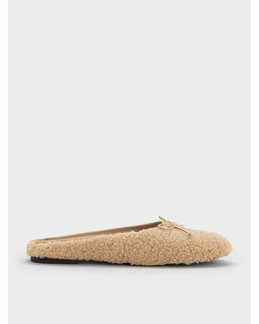 Charles & Keith White Nancy Faux Shearling Bow Ballet Mules