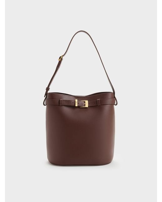 Charles & Keith Brown Jody Leather Belted Bucket Bag