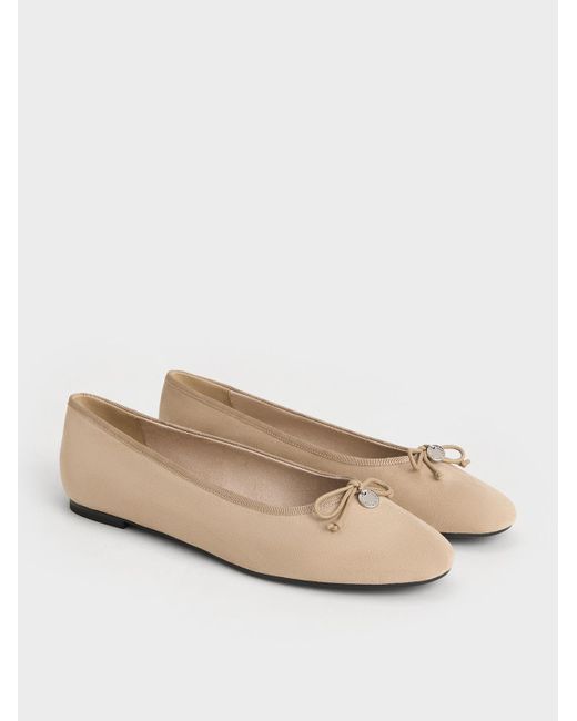 Charles & Keith Natural Faux Suede Bow Ballet Flats