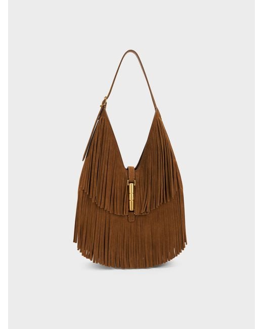Charles & Keith Brown Cesia Fringed Hobo Bag