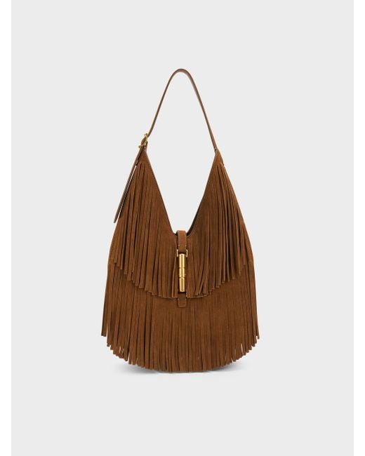 Charles & Keith Brown Cesia Fringed Hobo Bag
