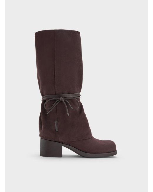 Charles & Keith Brown Faux Suede Tie-Around Knee-High Boots