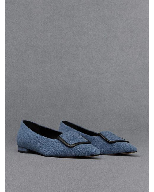 Charles & Keith Blue Leather & Denim Pointed-toe Flats