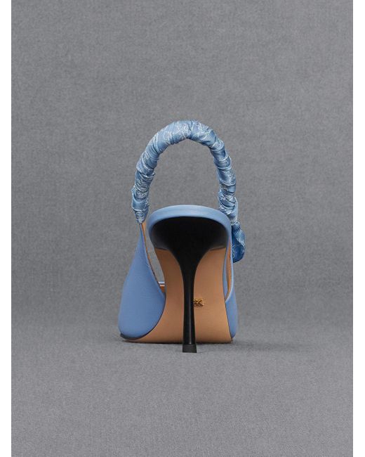 Charles & Keith Blue Leather Ruched Print Slingback Pumps