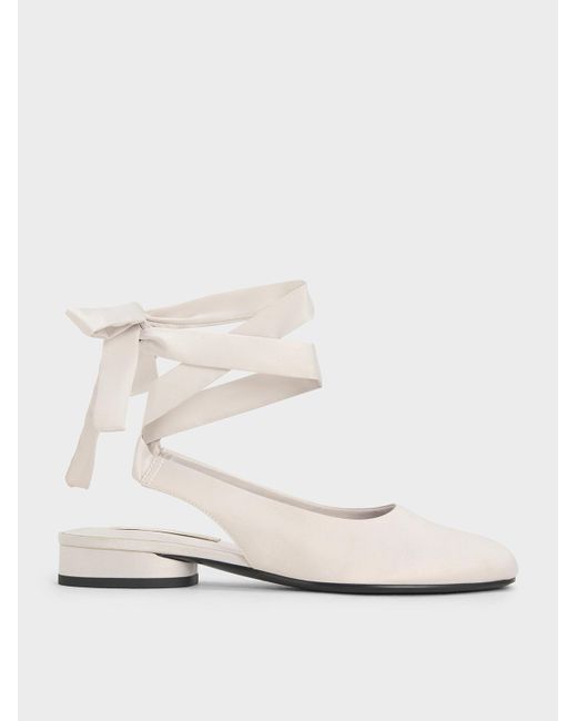 Charles & Keith White Satin Tie-Around Ballet Flats