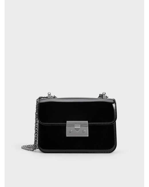 Charles & Keith Black Alva Patent Push-lock Chain Bag