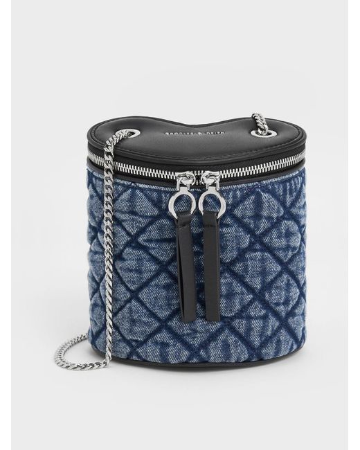 Charles & Keith Blue Philomena Denim Quilted Heart Cylindrical Bag