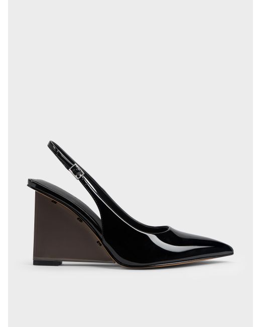 Charles & Keith Black Patent Translucent-Heel Slingback Wedges
