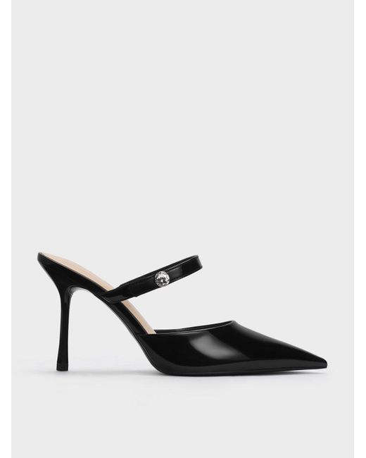 Charles & Keith Black Patent Crystal-accent Stiletto-heel Mules
