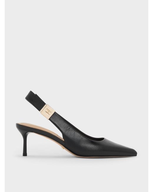 Charles & Keith Black Cody Leather Pointed-Toe Kitten-Heel Slingback Pumps