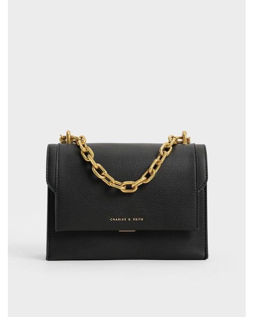 Charles & Keith Black Front Flap Chain Handle Crossbody Bag