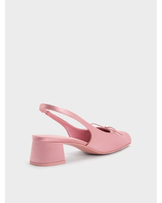 Charles & Keith Pink Satin Bow Square-Toe Slingback Pumps