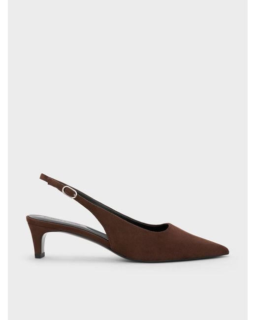 Charles & Keith Brown Faux Suede Pointed-Toe Kitten-Heel Slingback Pumps