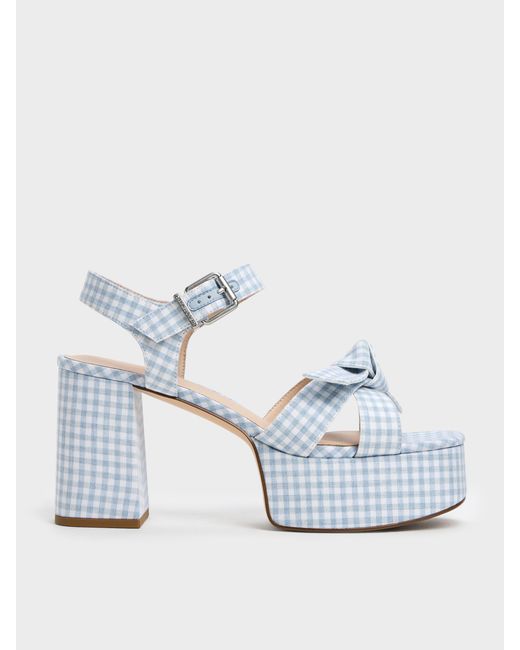 Charles & Keith Blue Anika Gingham Knot-Bow Platform Sandals