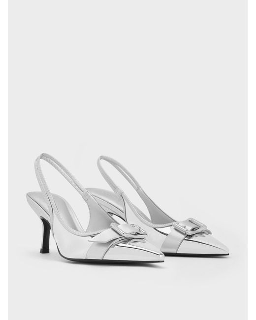 Charles & Keith White Metallic Buckled Pointed-toe Slingback Pumps
