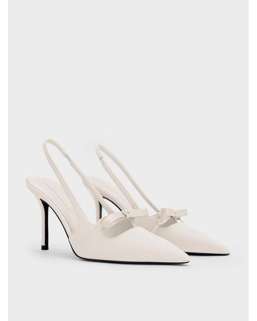 Charles & Keith White Satin Bow Pointed-Toe Slingback Pumps