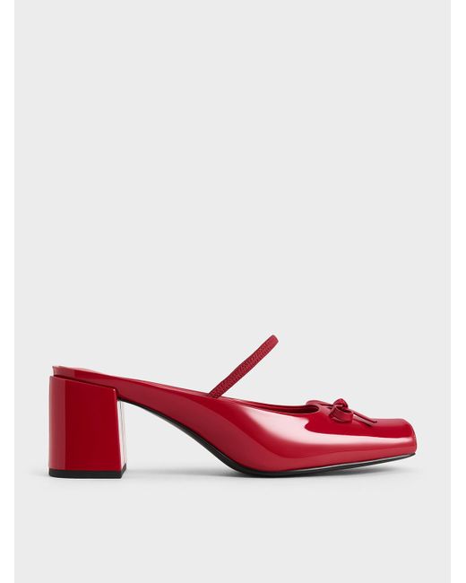 Charles & Keith Red Bow Square-toe Block-heel Ballet Mules