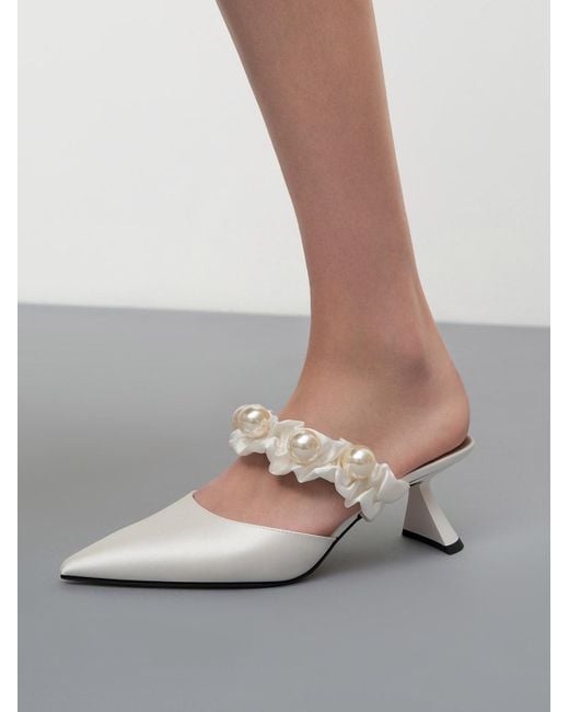 Charles & Keith White Blythe Bead Embellished Satin Pumps