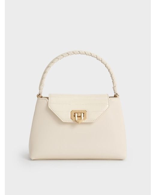 Charles & Keith Natural Arwen Croc-Effect Top Handle Bag