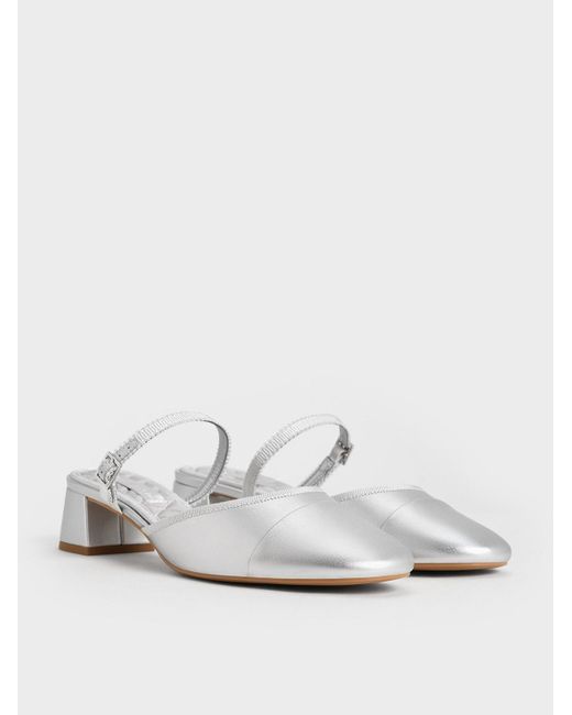Charles & Keith White Buckled-strap Trapeze-heel Mules