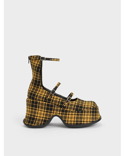 Charles & Keith Yellow Carlisle Checkered Platform Mary Janes