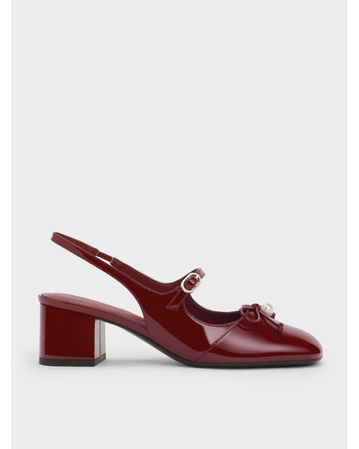 Charles & Keith Red Patent Bow Crystal-Pearl Slingback Mary Jane Pumps