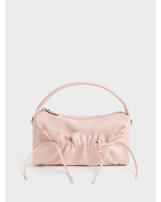 Charles & Keith Pink Reese Ruched Bow Top Handle Bag
