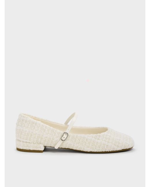 Charles & Keith White Gertrude Tweed Mary Janes