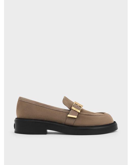 Charles & Keith Gray Leather & Suede Buckled-Strap Loafers