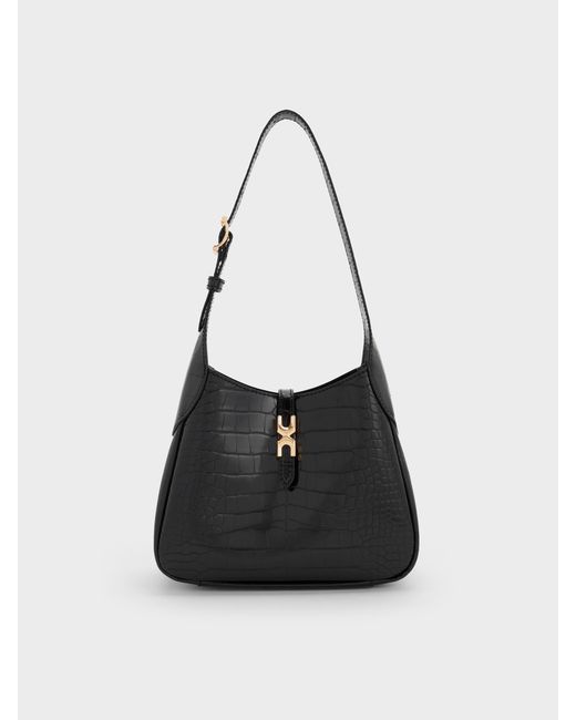 Charles & Keith Black Mini Adalyn Croc-Effect Hobo Bag